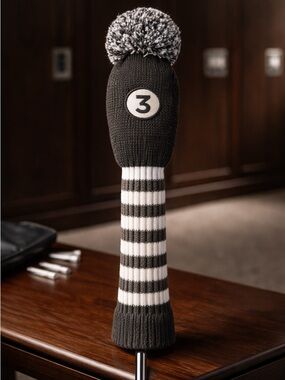 NWT Maxfli Vintage Knit Fairway Black White Stripe Wood Head Cover